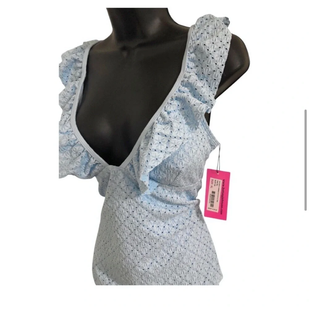 Betsey Johnson Clear sky blue 1piece Ruffle strap eyelet Swimsuit size small new